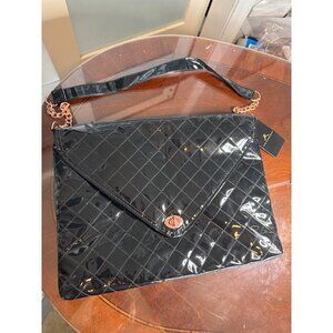 Kim Kardashian Quilted Black Patent Leather Envelope Clutch Rose GoldChain 22-72
